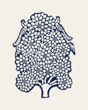 Indigo dye wood block printed floral composition. Traditional ethnic motif of North India with exotic birds in a blossoming fruit tree, navy blue