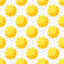Seamless pattern with lemon slices and hand-drawn dots. Modern vector background with citrus fruit.