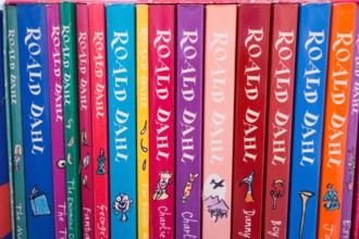 Closeup of colourful Roald Dahl book covers, spines, illustrations and artwork