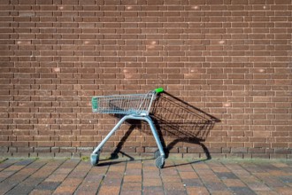 abandoned, empty supermarket trolley by a brick wall, shopping concept.