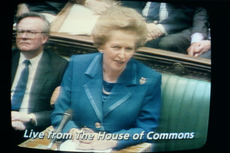 Mrs Margaret Thatcher Prime Minister, her resignation speech on 22 11 90 in the House of Commons as shown live on television 1990 1990s UK HOMER SYKES