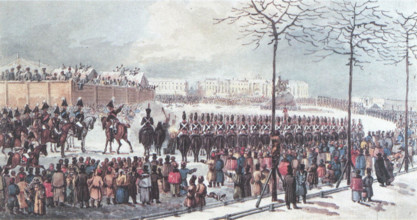 The image depicts Senate Square in St. Petersburg, Russia, on December 14, 1825. It is historically significant due to the Decembrist revolt that took place here, marking a pivotal moment in Russian h...