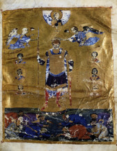 . English: Miniature of Emperor Basil II in triumphal garb, exemplifying the Imperial Crown handed down by Angels. Psalter of Basil II (Psalter of Venice), BNM, Ms. gr. 17, fol. 3r References: Paul St...