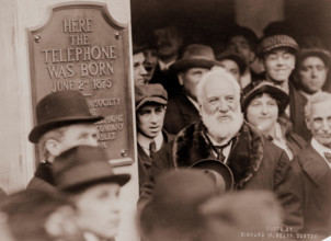 Alexander Graham Bell at the unveiling of a plaque commemorating the 1876 invention of the telephone, Boston, Mass., 1916