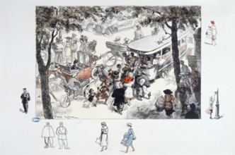 KISS - THE RISE IN THE BUS "La Montée dans l'autobus", gravure de Pierre Lissac, dit Kiss. Paris, musée Carnavalet.