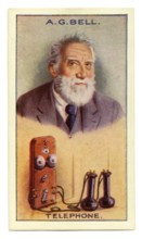 An old cigarette card (c. 1929) with a portrait of Alexander Graham Bell (1847–1922) and an illustration of a telephone. Bell was a Scottish-born inventor, scientist, and engineer who is credited with...