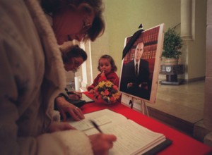 Residents of Jarnac sign a memorial book of condolence for Francois Mitterrand at the Hotel de Ville in Jarnac  his birthplace & final resting place Mitterrand aged 79 died early 08-01-1996 after a lo...