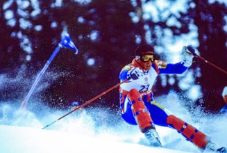 Alberto Tomba (ITA) competing in the men's slalom at the 1988 Olympic  Winter Games