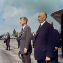 KN-C29230                                                      23 June 1963  Trip to Europe: Germany, Bonn: Arrival, Konrad Adenauer, Chancellor of West Germany pictured, 9:50AM [Blemish along right e...