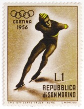 MOSCOW, RUSSIA - JULY 15, 2019: Postage stamp printed in San Marino shows Speed skating, Winter Olympic Games 1956 - Cortina d'Ampezzo serie, circa 19