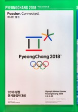 tokyo, japan - august 10 2021: Korean poster of PyeongChang 2018 winter olympics games depicting Korean Hangul word symbolising a gathering place wher