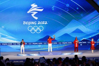 (L-R) Tess Ledeux (FRA),  Eileen Gu (CHN),  Mathilde Gremaud (SUI),  FEBRUARY 8, 2022 - Freestyle Skiing :  Women's Big Air Medal Ceremony  during the