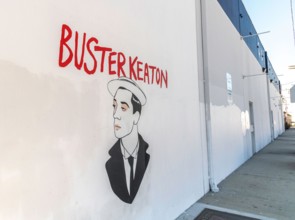 Los Angeles, CA, USA - February 18, 2022: Exterior of the Quixote Film Production Supply with a commemorative mural of Buster Keaton.