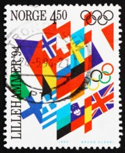 NORWAY - CIRCA 1994: a stamp printed in the Norway shows Flags, Winter Olympic Games, Lillehammer 94, circa 1994