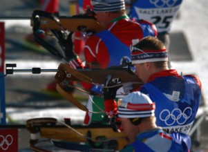 Competing in the Biathlon event, World Class Athlete SPECIALIST (SPC) Jeremy Teela, USA, takes aim at his targets during the third lap of the men's 12.5km Pursuit competition, at Soldier Hollow, in th...