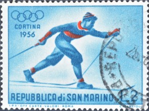 Cancelled postage stamp printed by San Marino, that shows Cross-Country Skiing, Winter Olympic Games 1956 - Cortina d'Ampezzo, circa 1955.
