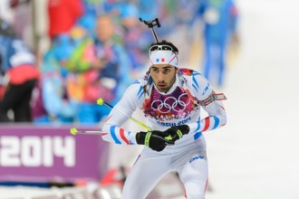 Martin Fourcade FRA Aktion Biathlon 12,5 KM Verfolgung der Herren im Laura cross Country Ski und Biathlon Center XXII. Olympische Winterspiele Sochi, Russland am 10.02.2014