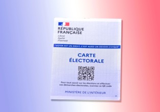 Close-up of a French electoral card against the backdrop of the French flag, elections in France