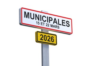 A town sign with the text MUNICIPAL ELECTIONS and 2026 - 2026 municipal elections in France - 3D rendering on a white background