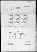 Alexander Graham Bell's telephone patent drawing and the oath signed on March 7, 1876, a critical moment in the development of the telephone and communication technology.