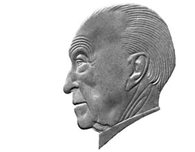 Portrait of Konrad Adenauer from 2 Deutsch Mark coin, West Germany, 1986, on white background