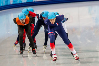 Sebastien Lepape (FRA) and Sjinkie Knegt (NED) competing in the Men's Short Track 1500m finals B at the Olympic Winter Games