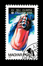 Postage stamp from Hungary depicting a four man bobsled, issued for the 1988 Calgary Winter Olympic Games.