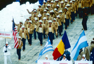 Scott Hamilton, Flag bearer leads Team USA marching in the Opening ceremonies at the 1980 Olympic Winter Games, Lake Placid, New York, USA