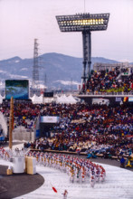 Team Japan marching in the Opening ceremonies at the 1998 Olympic Winter Games, Nagano, Japan