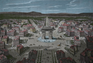 France. Paris. The Arc de Triomphe. Place de l'Etoile. Engraving by Bertrand, 19th century. Later colouration.