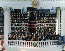 PRESIDENT JOHN F. KENNEDY as 35th President of the United States gives his inaugural address in Washington, DC  on 20 January 1961. Photo: US Signal Corps
