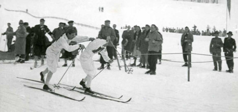 The image shows Nils Karlsson, a prominent athlete, during the 1948 winter games in St. Moritz, Switzerland, capturing a moment of his participation in the event.