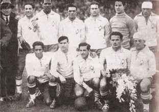 A historic image from the 1930 FIFA World Cup held in Uruguay, featuring Brazil's early participation in the global football tournament. The 1930 World Cup marked the beginning of the modern era of in...