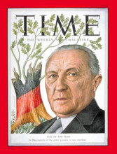 This image features Konrad Adenauer, Chancellor of West Germany, photographed in 1954, symbolizing his significant role in post-war German politics and his leadership in rebuilding the country.