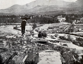 Photograph of the Ski jump at Lake Placid during the 1932 Winter Olympic games. It was won by Birger Ruud (1911 - 1998) from Norway.
