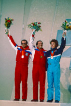 Phil Mahre (USA) Gold -C-, Steve Mahre (USA) Silver, Didier Bouvet (FRA) Bronze, winners of the Men's Slalom at the 1984 Olympic Winter Games.