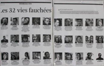 March 2016, Brussels Maalbeek metro station, Belgium, Terrorist attack that took place on March 22. Poster with the victims. In memoriam