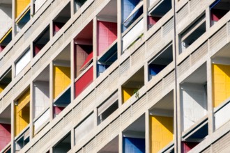 Colourful / colorful balconies, Cité Radieuse or Unité d'Habitation by Le Corbusier, Marseille, Provence, France, Europe