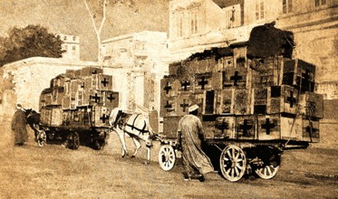 WWI- An old wartime printed photograph of  Red Cross supplies being transported to the Anzac hospital at Alexandria.  In the Gallipoli campaign, many troops were transported to  hospitals in Egypt and...