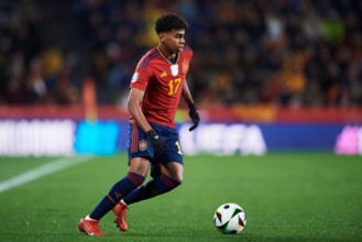 Lamine Yamal of Spain in action during the UEFA Euro 2024 Qualifying match between Spain and Georgia, Group A, date 10, played at Jose Zorilla Stadium