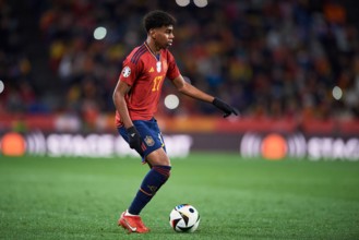 Lamine Yamal of Spain in action during the UEFA Euro 2024 Qualifying match between Spain and Georgia, Group A, date 10, played at Jose Zorilla Stadium