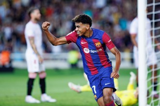 Barcelona, Spain. 29th Sep, 2023. Lamine Yamal celebrates after scoring a goal during the LaLiga EA Sports match between FC Barcelona and Sevilla FC a