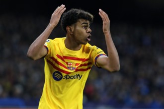 Napoli, Italy. 21st Feb, 2024. Lamine Yamal of Fc Barcelona gestures during the Uefa Champions League round of 16 first leg match beetween Ssc Napoli and Fc Barcelona at Stadio Maradona on February 21...
