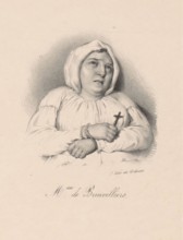 Portrait of Madame de Brinvilliers, M.ise de Brinvilliers, Print after a drawing made on the day of her execution., print maker: anonymous, after drawing by: Charles Le Brun, printer: veuve Delpech (N...