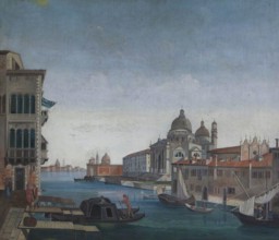 This oil painting, attributed to an imitator of Canaletto, depicts the iconic entrance to the Grand Canal in Venice, with the Santa Maria della Salute church prominently featured. The work, dating fro...