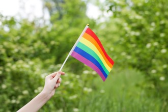 Teenager Holds Rainbow Flag LGBT in his Hands on Nature Background. Pride Month. Lesbian Gay Bisexual Transgender. Love, human rights, tolerance