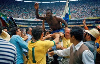 Pelé is carried on the shoulders of teammates after leading the Brazil national football team to victory over Italy national football team in the 1970 FIFA World Cup Final. Brazil won 4–1 to claim the...