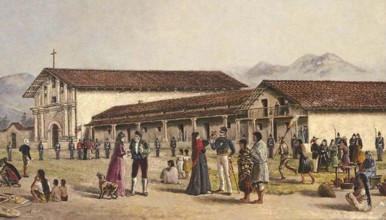 This cropped 19th-century photograph, taken by Oriana Day, depicts the Mission San Francisco de Asís, the oldest building in San Francisco. The mission was founded in 1776 and played a central role in...