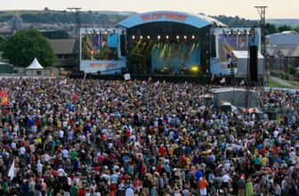Crowds gather around the main stage at the 2008 Isle of Wight Festival in Newport on the Isle of Wight.