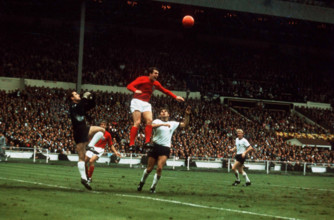 World Cup Final Football 1966 England 4 Germany 2 at Wembley Geoff Hurst jumps to head the ball